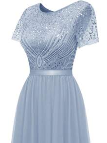 Navy Sequined Beaded Gown - Dusty Blue - View 4