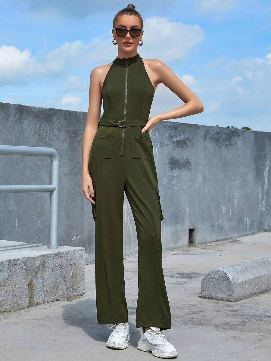 Eilly Bazar Zip Up Dual Pocket Belted Halter Jumpsuit - Army Green - View 1