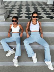 SHEIN Leap Crew Cô gái Tween 1 Miếng Thắt lưng rộng Chất rắn Chân bùng Hoạt động Quần - Màu xanh nhạt - Xem 5