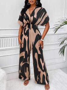 SOLERSUN Allover Print Batwing Sleeve Wide Leg Jumpsuit