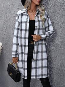 SHEIN LUNE Plaid Print Drop Shoulder Belted Overcoat - Black and White - View 4