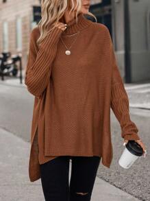 SHEIN Clasi 高領蝙蝠袖下擺開叉套頭毛衣 - 摩卡棕 - 查看 3