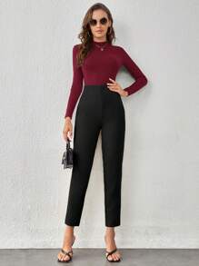 SHEIN Tall Solid High Waist Cropped Pants - Black - View 5