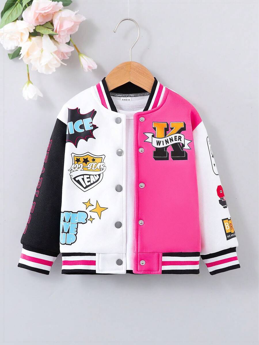 SHEIN Cô Gái Trẻ 1 Miếng Đồ họa Chữ cái Khối màu Áo khoác Đại học - Nhiều màu - Xem 1