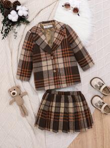 SHEIN Baby Girl Plaid Print Lapel Neck Coat & Pleated Hem Skirt Without Sweater - Multicolor - View 4