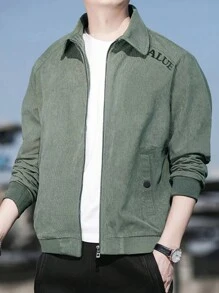 Manfinity Homme Men's Loose Fit Corduroy Jacket With Letter Embroidery And Zipper Closure - Army Green - View 1