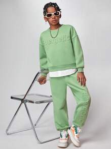 Tween Boys Casual College Style 3D English Text Embossed Patched Shirt Collar Faux Layers Sweatshirt With Knitted Pants Set, Thermal Lined, Thickened - Green - View 4