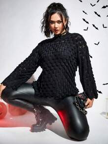 PUNK Plus Halloween Pointelle Knit Flare Sleeve Sweater - Black - View 3