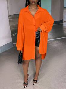 Slaydiva Plus Solid Drop Shoulder Button Front Shirt - Orange - View 6