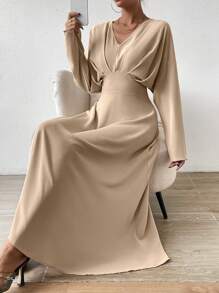 Chiquease 素色蝙蝠袖A字洋裝 - 杏色 - 查看 3