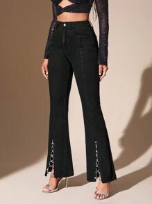 SHEIN BAE High Waist Lace Up Flare Leg Jeans - Black - View 3