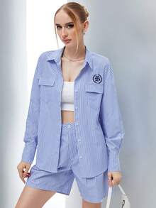 SHEIN Qutie Striped Print Drop Shoulder Shirt & Shorts - Blue - View 6