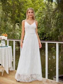 Solid Lace Cami Wedding Dress - White - View 6