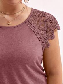 SHEIN Frenchy Talla grande Camiseta con encaje en contraste de manga raglán - Rosa vieja - Ver 4