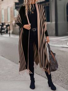 SHEIN LUNE 秋冬条纹流苏蝙蝠袖长袖开衫