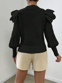 RosyDaze Ruffle Trim Cable Knit Ruffle Trim Lantern Sleeve Knit Pullover Fall Winter Sweater - Black - View 2