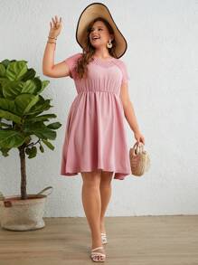 SHEIN Frenchy Plus Contrast Lace Raglan Sleeve Dress - Pink - View 4