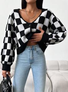 EURMUSE Checker Pattern Drop Shoulder Cardigan - Black and White - View 3