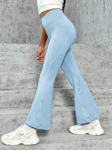 SHEIN Leap Crew Cô gái Tween 1 Miếng Thắt lưng rộng Chất rắn Chân bùng Hoạt động Quần - Màu xanh nhạt - Xem 1