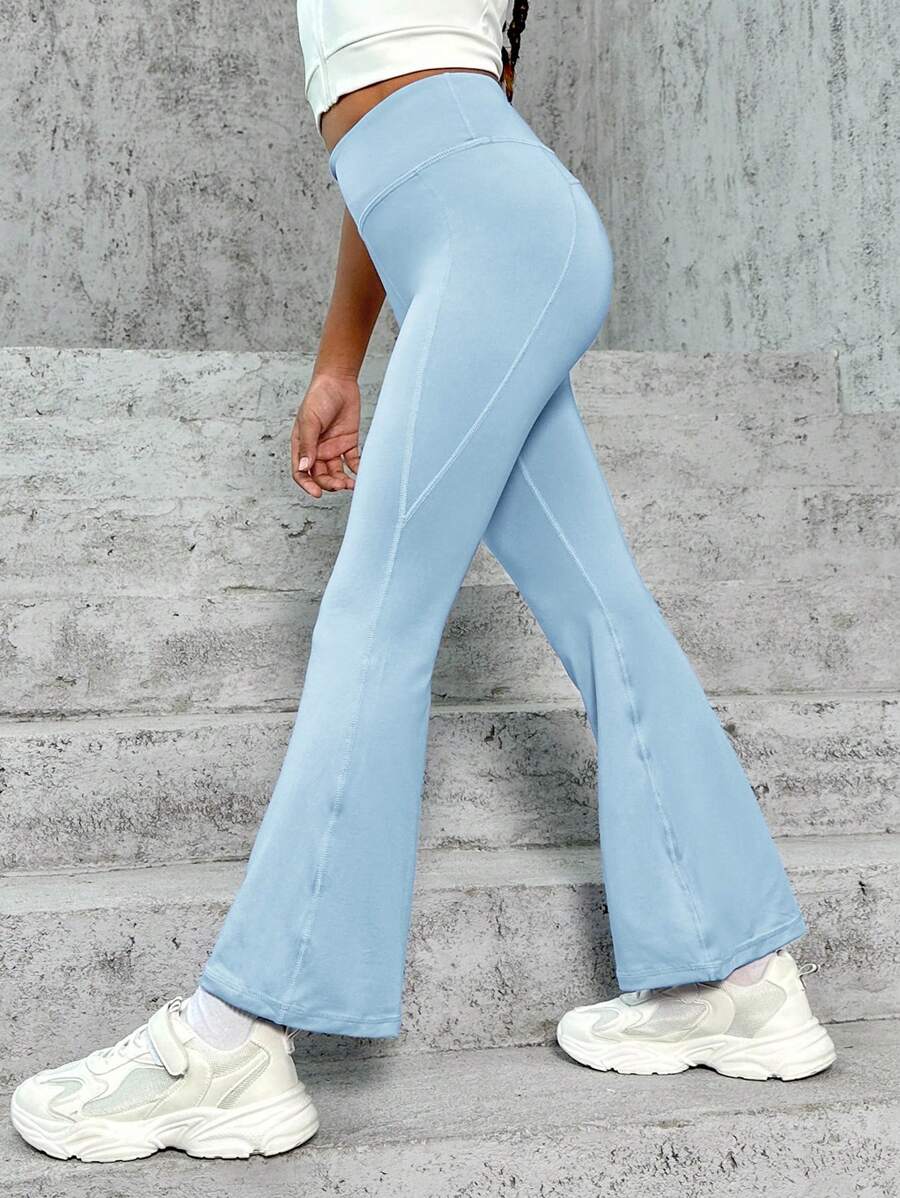 SHEIN Leap Crew Cô gái Tween 1 Miếng Thắt lưng rộng Chất rắn Chân bùng Hoạt động Quần - Màu xanh nhạt - Xem 1