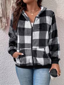 Plus Size Buffalo Plaid Print Zip Up Sweatshirt Graduation, Back To School, Graduation, Teacher For Women, Back To School Pullover Fall Sweatshirt - Black and White - View 1