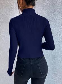 Chiquease Turtleneck Button Detail Ribbed Knit Sweater - Royal Blue - View 2