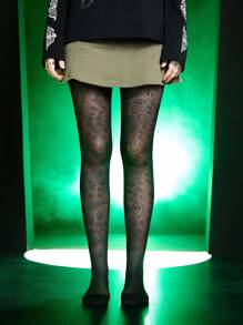 Beetlejuice | ROMWE 1pair Women Letter Skull Graphic Mesh Tights - Black - View 5