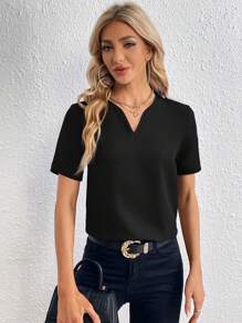 SHEIN Essnce Solid Notched Neck Blouse - Black - View 7