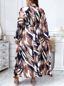 Breezaya Plus Allover Print Lantern Sleeve Belted Shirt Dress - Multicolor - View 2