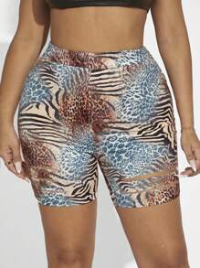 SHEIN SXY 豹紋和斑馬紋印花鏤空騎行褲 - 彩色 - 查看 3