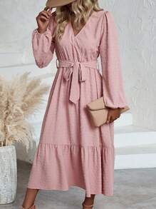 SHEIN Clasi Chấm Swiss Tay áo lồng đèn Xù Hoa Sen Váy có thắt lưng - Hồng - Xem 6