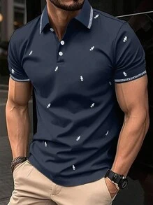 Manfinity Mode Men Embroidery Contrast Trim Polo Shirt - Navy Blue - View 1