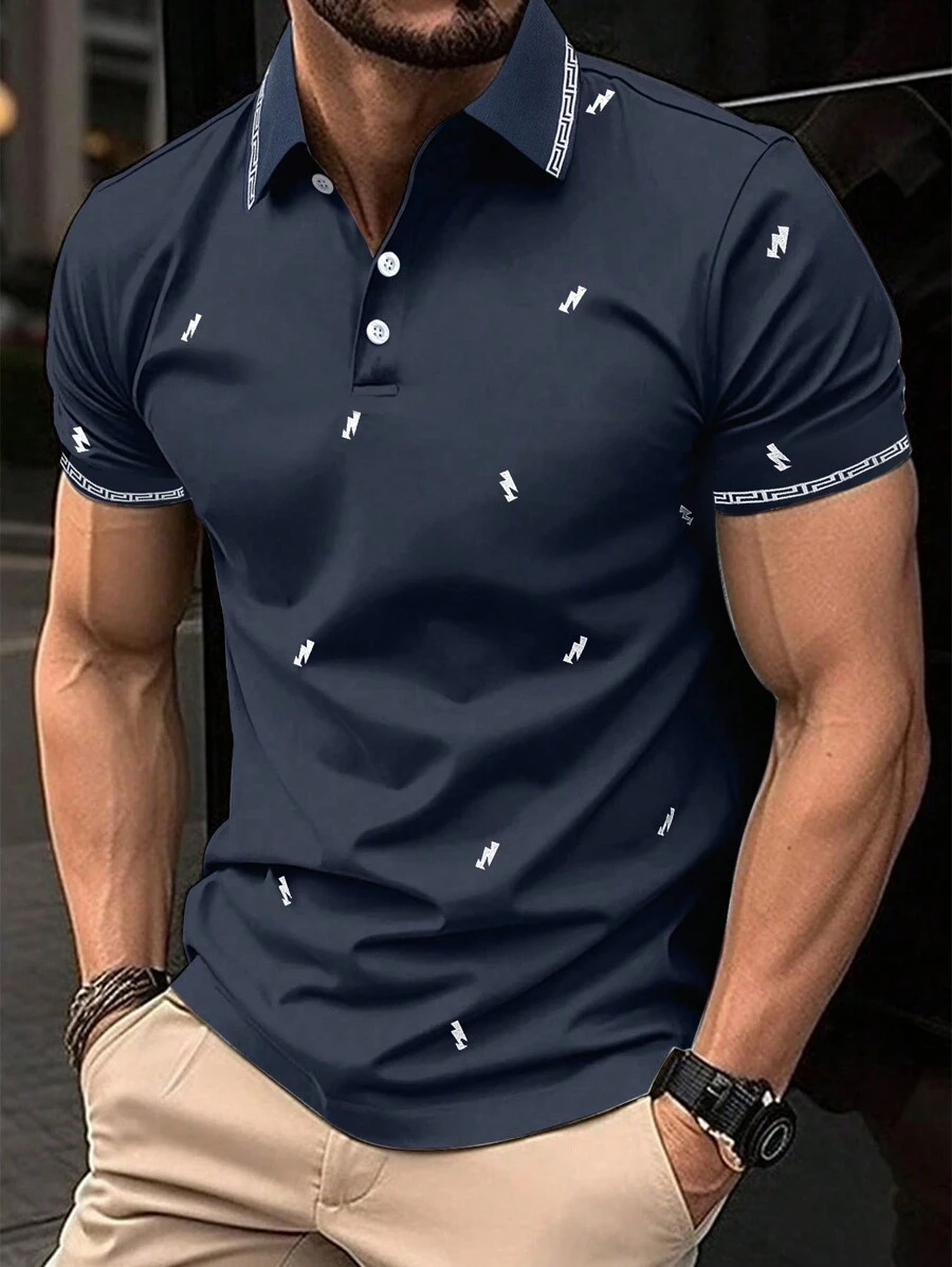 Manfinity Mode Men Embroidery Contrast Trim Polo Shirt - Navy Blue - View 1