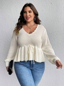 SHEIN Clasi Hơn Cắt vỏ sò Tay áo lồng đèn Nút phía trước Xoay eo Áo len - trắng - Xem 5