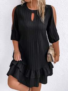 SHEIN Clasi 大碼鎖眼領挖肩荷葉邊洋裝 - 黑色 - 查看 6