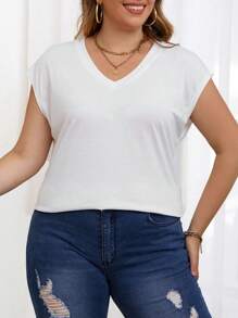 SHEIN Franclia Plus Solid V Neck Batwing Sleeve Tee - White - View 1