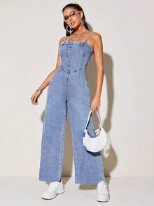SHEIN ICON Button Front Wide Leg Cami Denim Jumpsuit - Medium Wash - View 3