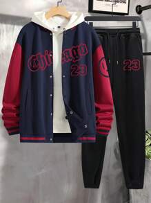 Manfinity Campus Court Hombres Cazadora con estampado de letra de color combinado de hombros caídos con pantalones deportivos sin capucha