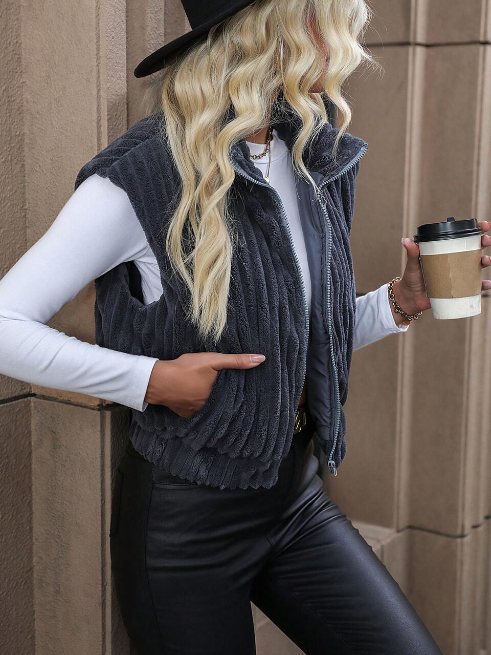 Slant Pockets Sleeveless Vest Padded Padded Coat Clothes Winter