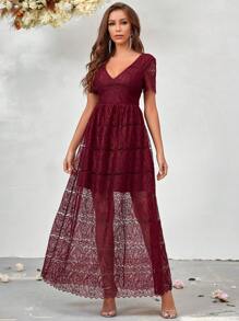SHEIN Belle Cổ v Ren Váy phù dâu - Đỏ - Xem 1