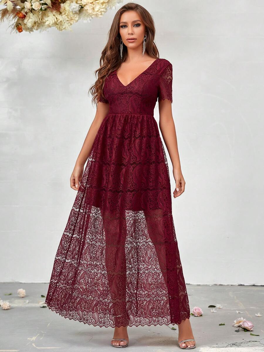 SHEIN Belle Cổ v Ren Váy phù dâu - Đỏ - Xem 1