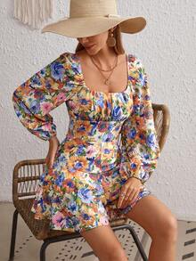 SHEIN VCAY 花卉印花燈籠袖褶皺胸圍荷葉邊下擺連衣褲 - 彩色 - 查看 4