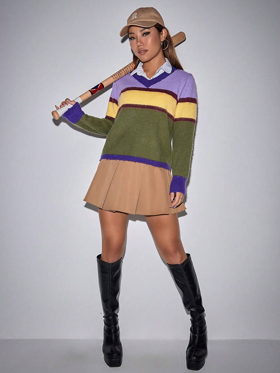 SHEIN Unity 1pc V-Neck Color Block Knit Pullover Fall Winter Sweater - Multicolor - View 1