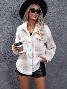 SHEIN Clasi 水牛格紋印花翻蓋泰迪熊外套 - 杏色 - 查看 1