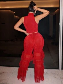 SHEIN SXY 高領短款背心和多層荷葉邊長褲 - 紅色 - 查看 2