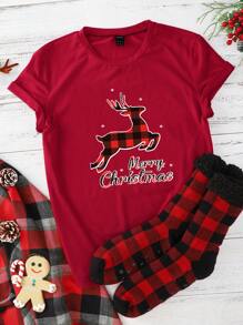 SHEIN LUNE Christmas Elk & Slogan Graphic Tee - Red - View 1
