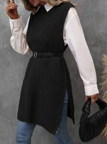 EMERY ROSE 1pc Split Hem Sweater Vest - Black - View 5