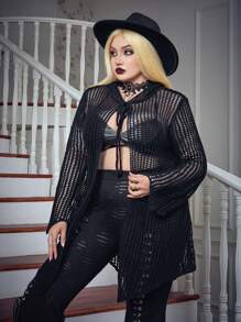 Flirla Plus Tie Front Open Knit Cardigan - Black - View 6