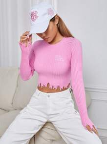 SHEIN EZwear Slogan Embroidery Raglan Sleeve Distressed Crop Sweater