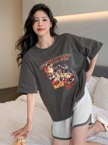 DAZY 字母图案落肩T恤和撞色绑带短裤睡衣 - 灰色 - 查看 6